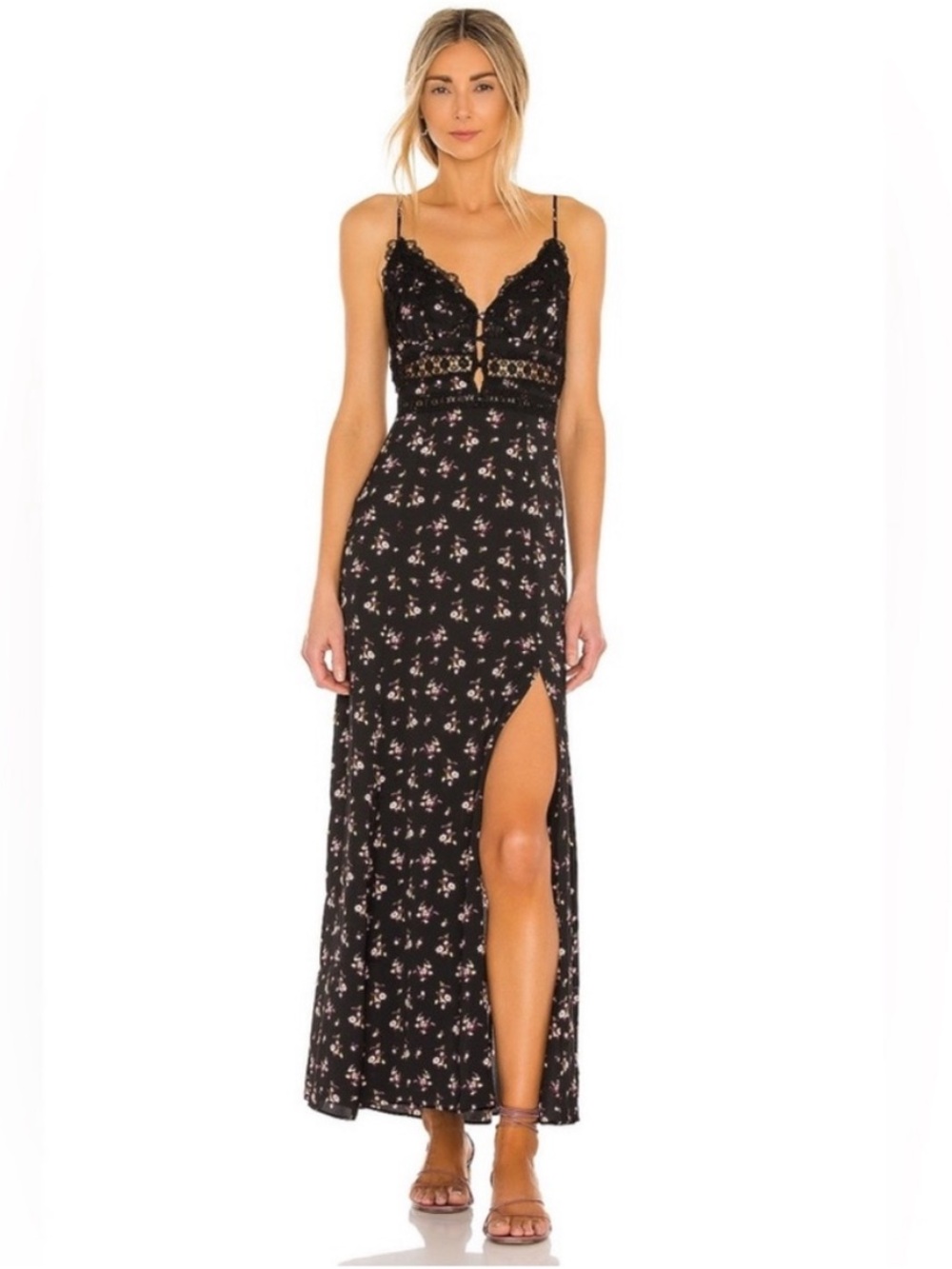 Free People Intimately Out And About Floral Maxi Slip Dress Black Pink Small